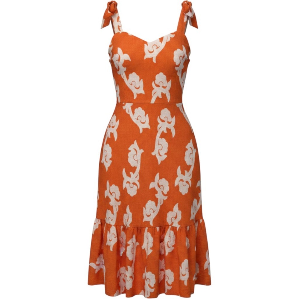 Exquise Midi Dress Women S Orange White Floral Jacquard Tie Strap Ruffle